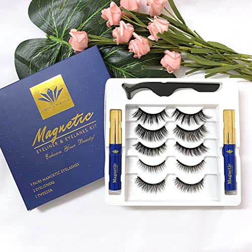 Magnetic Eyelashes Set 5 Pairs with 2 x Waterproof Magnetic Eyeliner Kit for Natural Look Reusable Easy to Set Comfortable Lashes with Tweezers M