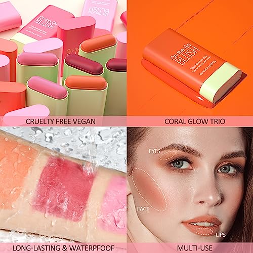 Erinde 3 in 1 Blush Stick for Cheeks Lips Eyes, Moisturing Face Blush, Natural Matte Cream Blush, Easy to Blend, Multi-Use Cheek Tint for All Ski