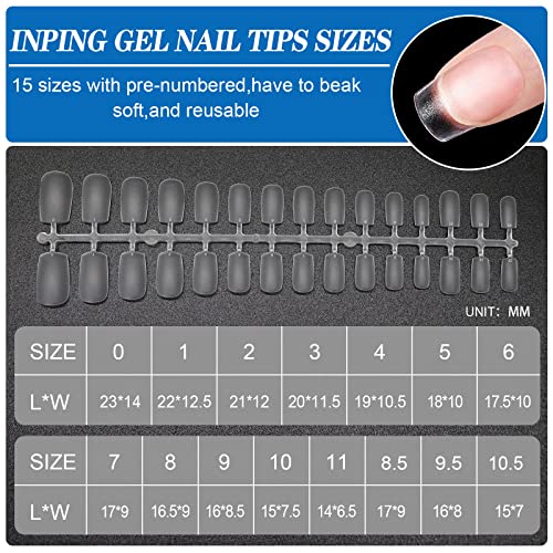 INPING No File Nail Tips, 240PCS Soft Gel Full Cover Nail Tips, Double-Sided Matte Pre-Buff Break Resistant Short Gel Tips for Nail Extensions, F