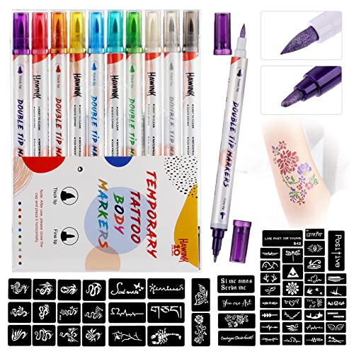 HAWINK Temporary Tattoo Markers for Skin, 10 Body Markers + 20 Large Tattoo Stencils for Kids and Adults, Dual-End Tattoo Pens Make Bold and Fine
