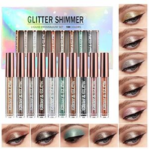 10 Pcs Liquid Glitter Eyeshadow Metallic Shimmer Glitter Eyeshadow Sweatproof Makeup Set, Matte Glitter Pressed All Highly Pigmented Blending Pow