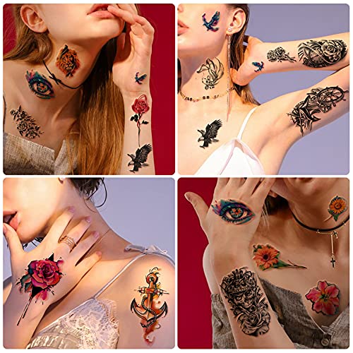 Metuu 49 Sheets Black Half Sleeve Waterproof Temporary Tattoo for Adult Men and Women, 3D Flower Animal Fake Tattoo Stickers for Teen Girls Body