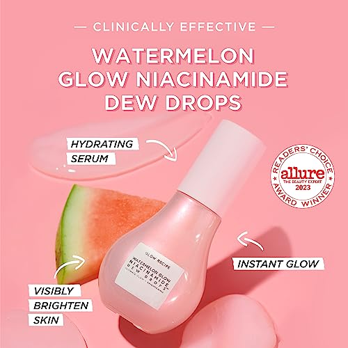 Glow Recipe Watermelon Glow Niacinamide Dew Drops Hydrating Serum with Hyaluronic Acid, Moringa Oil + Vitamin E - Lightweight Facial Serum & Prim