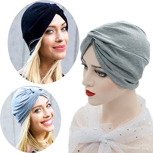 beifon 2 Pieces Womens Elastic Cotton Turban Beanie Hats Soft Print Hair Turban Scarf Pre Tied Head Warp Coverings Fashion Stretch Sleep Cap for