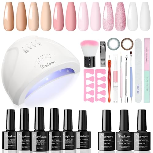 Maykawe Gel Nail Polish Set with 48W Nail Lamp Starter Kit, 6 Colors Nude Gray Pink Purple Gel Nail Polishes, Base Top Coat, Manicure Tools Acces