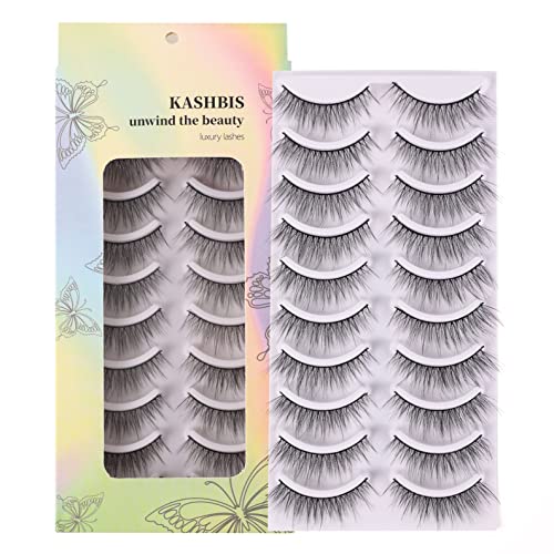 False Eyelashes 17mm Faux 3D Mink Lashes Natural Look Fluffy Cat Eye Wispy Lashes Pack by KASHBIS, 10 Pairs