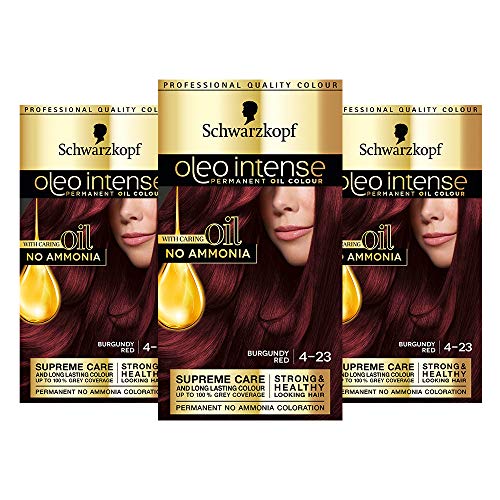 Schwarzkopf Oleo Intense Red Hair Dye, 3-Pack Permanent Oil Colour, No Ammonia, Covers Greys, Burgundy Red 4-23