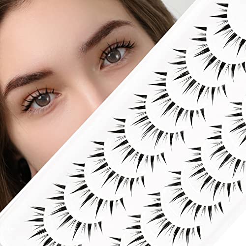 EMEDA 10 Pair Manga Lashes 5 Styles Mixed Anime Lashes 100% Handmade Transparent Band Manga Eyelashes Natural Look Spiky Manga Lashes Wispy Hybri
