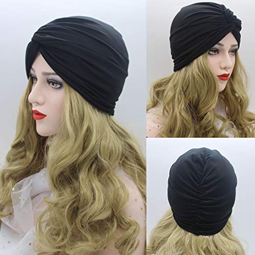 beifon 2 Pieces Womens Elastic Cotton Turban Beanie Hats Soft Print Hair Turban Scarf Pre Tied Head Warp Coverings Fashion Stretch Sleep Cap for