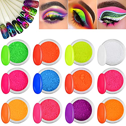 Kalolary 12 Boxes Color Pigment Nail Powder, Neon Color Nail Powder Acrylic Nail Powder Art Gradient Powder Rainbow Nail Glitter for DIY Nail Dec