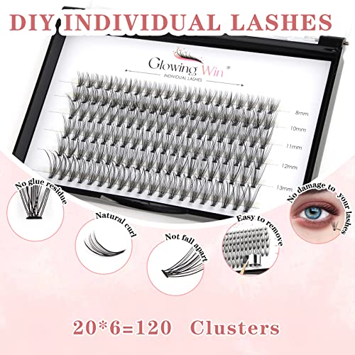 Glowingwin Individual Lashes Cluster Lashes 120 PCS Natural Look False Eyelashes Individual Soft DIY Lash Extensions At Home(20D Mix8-14mm 0.07C