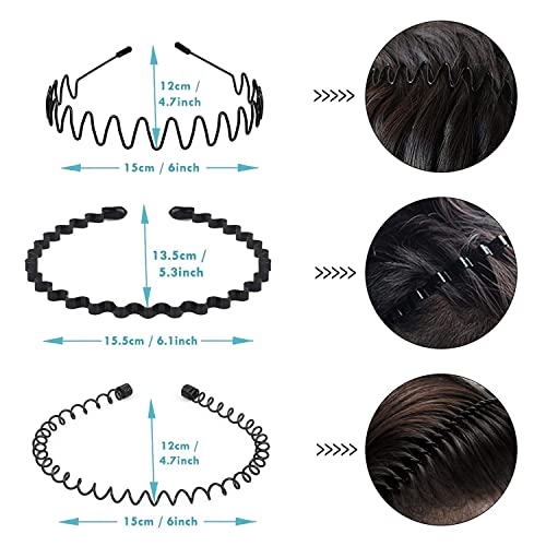Metal Headband Mens Hair Band Non-Slip Sports Hair Hoop for Men Black Wavy Fashion Hair Band for Outdoor Weddings (6 PCS)