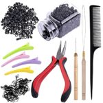 Duufin Hair Extensions Tools Kit 500 Pcs Black Micro Ring Beads 1 Pc Micro Beads Plier 2 Pcs Loop Needle Threader Pulling Hook 4 Pcs Plastic Alli