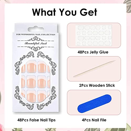 French False Nails Short, 48Pcs Nude White Fake Nails, Press on Nails with Designs, Acrylic Stick on Nails, Full Cover Artificial Nail Tips for W
