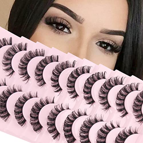 Parriparri Eyelashes Russian Strip Lashes 10 Pairs Curly False Lashes D Curl Volume Strip Lashes Natural Fluffy Thick Fake Lashes
