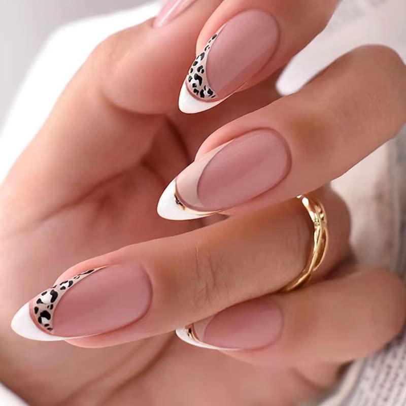 JUSTOTRY 24 Pcs Pink Press on Nails Medium, Dark Blue and White swirl Fake Nails with Designs, French Stick on Nails for Women, Acrylic False Nai