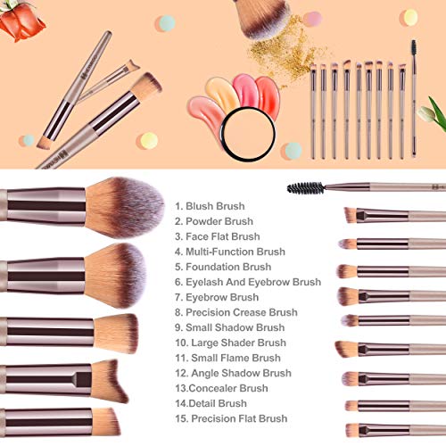 Makeup Brushes 15 Pcs Make Up Brushes Set Professional Champagne Gold Makeup Brush Pack Foundation Blending Powder Blush Concealers Eyeshadow Eye