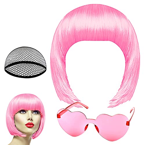 PLULON Peach Pink Bob Wig and Sunglass Set, Neon Short Bob Wig Sunglass Pack Costume Colorful Cosplay Wig Hairpieces for Bachelorette Neon Party