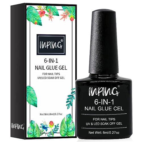 INPING Nail Glue, 6-In-1 Gel Nail Glue for Acrylic Nails Tips Extra Strong Nail False Nail Glue Artificial Bond Glue for Stick On Nails/Base Coat