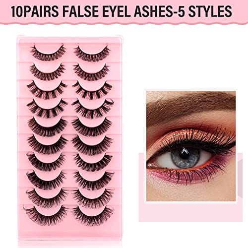 False Eyelashes Russian Strip Lashes D Curly Natural Wispy Fluffy 3D Effect Hybrid Strip Lashes Fake Eyelashes 10 Pairs Pack with 2 Self-adhesive