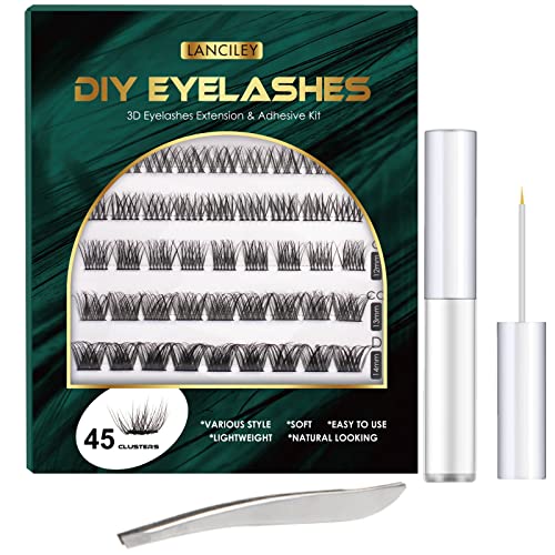 Lanciley Individual Lashes 45 Clusters Lashes CC Curl DIY Eyelash Extension Kit at Home for Make-up Beginner False Eyelashes with Eyelash Glue Tw
