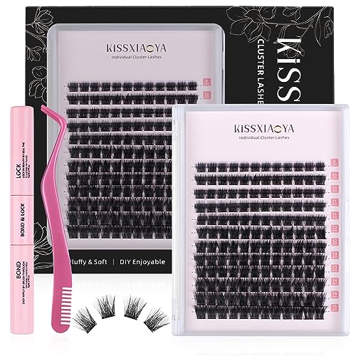 Cluster Eyelashes Extensions Kit, 240 Pcs 20D+40D 9-14mm 0.07D Curl Mixed Individual DIY Lashes with Lash Bond & Seal and Applicator,Cluster Lash