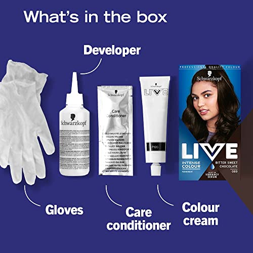 Schwarzkopf LIVE Intense Colour, Long Lasting Permanent Brown Hair Dye, 89 Bitter Sweet Chocolate, 1 Count (Pack of 1)