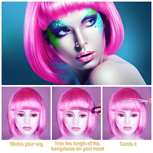 PLULON Peach Pink Bob Wig and Sunglass Set, Neon Short Bob Wig Sunglass Pack Costume Colorful Cosplay Wig Hairpieces for Bachelorette Neon Party