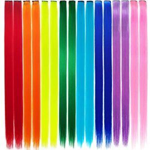 16 PCS Colored Clip in Hair Extensions, Colorful Party Highlights Hair Synthetic Hairpieces Rainbow Hair Accessories for Women Girls, 8 Colors (2
