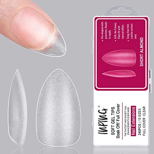 INPING No File Nail Tips, 240PCS Soft Gel Full Cover Nail Tips, Double-Sided Matte Pre-Buff Break Resistant Short Gel Tips for Nail Extensions, F