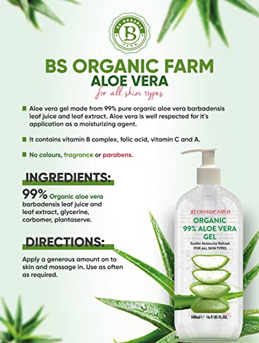 Organic Aloe Vera Gel for Face, Hair & Body, Moisturiser for all skin types, Sunburn relief, Aftersun lotion, Rich in Vitamins, Premium quality,
