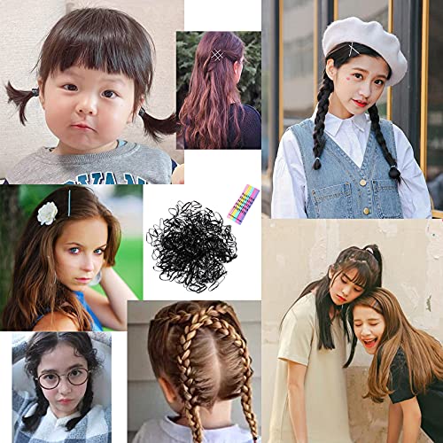 ILamourCar Black Elastic Hair Bands, 500 Pcs Hair Elastics, Rubber Bands For Hair with 10 Colorful Hair Grips, Small Hair Bands for Kids Hair, Br