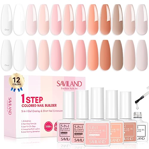 Saviland 12 Color Builder Nail Gel Set - 5-in-1 Builder Nail Gel Nail Strengthener for Thin Nails and Growth Gel Overlay Short Nail Extension Soa