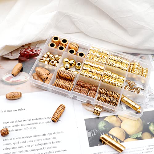 Hair Jewelry for Braids, 124 Pcs Gold Hair Beads Coils Dreadlocks Accessories Metal Jewelry Aluminum Hair Cuffs Decoration Imitation Wood Hair Ch