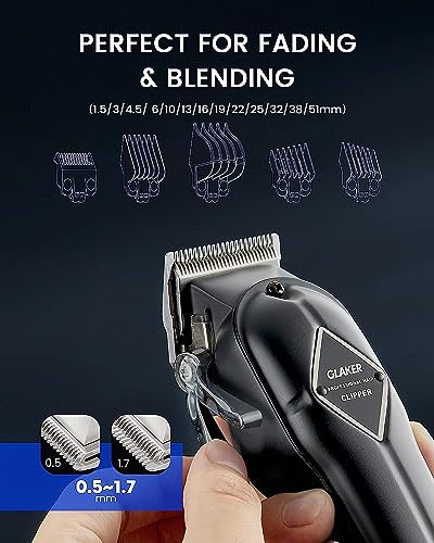 GLAKER Hair Clippers for Men - Cordless Professional Barber Clipper Hair Cutting Kit with 15 Guide Combs for Haircut, Trimming & Grooming