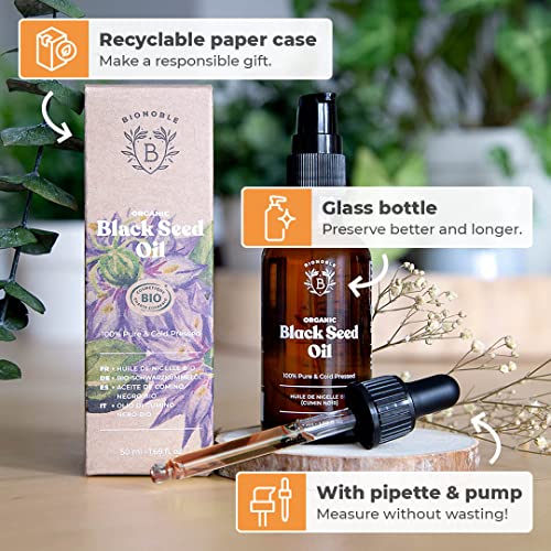 Bionoble Pure Organic Black Seed Oil, Cold Pressed 50ml - Glass bottle + Pipette + Pump - Black Cumin Seed Oil for Hair Growth - Anti-Acne and Pu