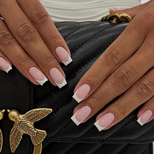 JUSTOTRY 24 Pcs Short False Nails Square,White French Press on Nails Pattern, Pretty Milky Fake Nails Short with Nail Glue, Stick on Nails for Wo