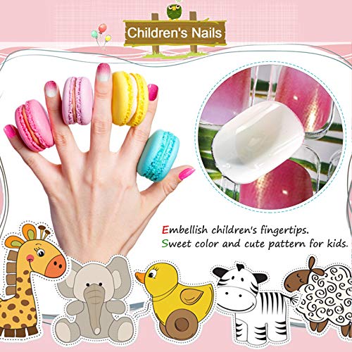 Kalolary 96PCS Kids False Nail, Children Nails Press on Pre-glue Full Cover Gradient Color Short False Nail Kit with 1pcs Nail Glue Sticker, Love