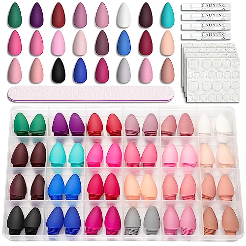 LADYING 24 Color (576 PCS) Matte Square Press on Nails Short,Colorful False Nails Short with Glue and Nail File,Reusable Stick on Nails with Tape