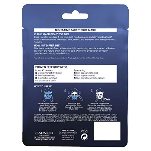 Garnier Moisture Bomb Night Time Deep Sea Water And Hyaluronic Acid Sheet Mask, Hydrating And Replenishing, Biodegradable And Vegan Tissue, Rose,