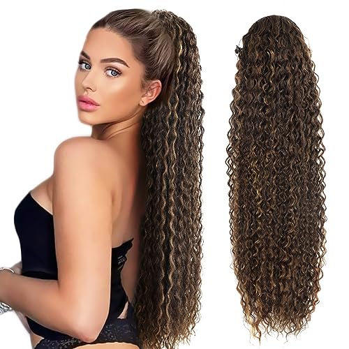 Drawstring Ponytail Extension, 30 inch Long Curly Ponytail Hair Extension Synthetic Hairpiece for Women(1B#, 30 inch)