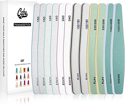 CGBE Professional Nail Files, 12Pcs 150/150 Grit Files Set Double-Sided Grit Emery Board Manicure Tools for Home and Salon Use