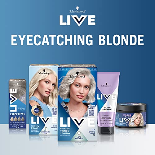 Schwarzkopf Live Post Bleach Toner Ice White Hair Toner, Lasts Up To 16 Washes, Semi-Permanent Blonde Hair Dye, For Brassy Yellow Tones, T1
