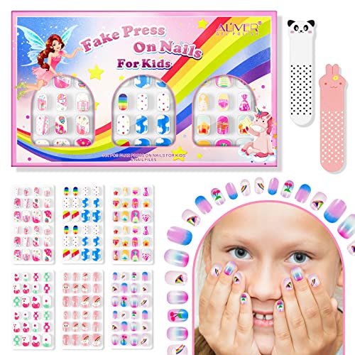 Children Press On False Nails, 144 Pcs 6 Pack Children Acrylic Fake Nails Press on Pre-glue Full-Cover False Nail Art Kits with 2 Nail Files for