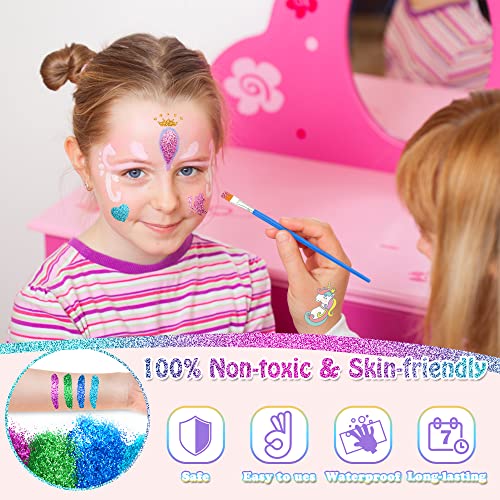 MarckersHome Glitter Tattoos Kit, Temporary Tattoo For Kids, With Unicorn Mermaid Tattoo, 12 Colors Glitter, Unique Stencils, Great Birthday Part