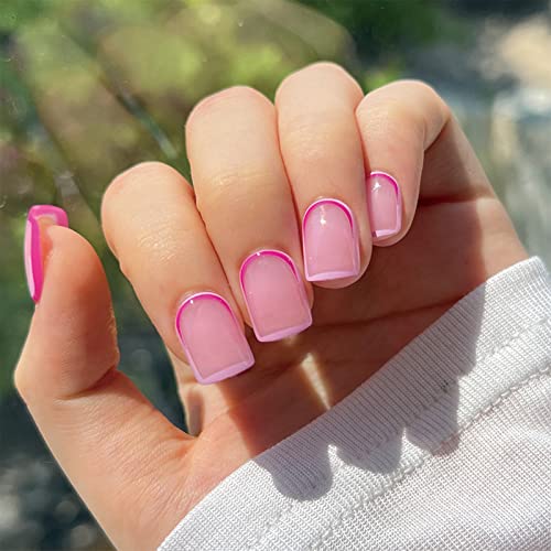 JUSTOTRY 24 Pcs Pastel Square Short False Nails,Multi Colour French Press on Nails Pattern, Cute Fake Nails Medium with Nail Glue,Rainbow Stick o