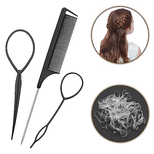 Hair Braiding Tool Rat Tail Comb French Braid Loop Tool - Hair Pull Through Tool Metal Pin Tail Comb - Parting Comb hair looping Tool Elastic Hai