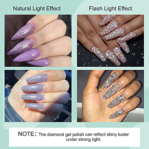 Saviland Reflective Glitter Gel Nail Polish Set - 6 Colors Super Flashing Diamond Gel Polish Set with Nail Brush, Purple Blue Black Sparkling Soa