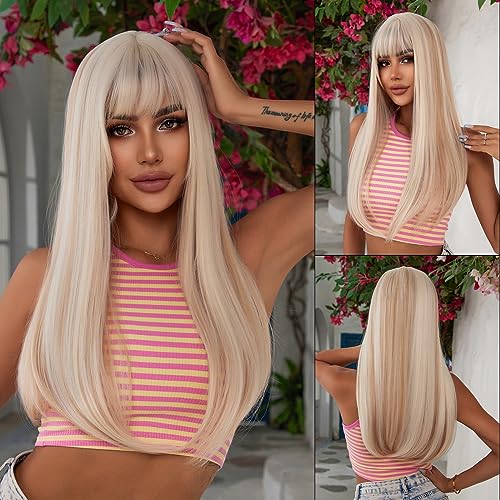 Esmee 24 Inches Long Straight Blonde Wig with Bangs Side Parting Natural Synthetic Hair Ombre Wigs for Women with Dark Roots for Daily Party Cosp