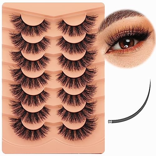 Ruairie False Eyelashes Cat Eye Lashes Fluffy Wispy Natural Eyelashes 20MM False Lashes Pack 8D Dramatic Volume Faux Mink Lashes Strip 7 Pairs
